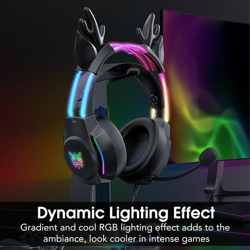ONITOON Gaming Headset with Microphone, Deer Ears Headphones for PC Laptop PS4 PS5 Xbox Switch, Rainbow RGB Lighting & Virtual Surround Sound, 3.5mm Over Ear Headphones, Ergonomic - Image 2